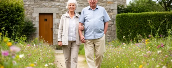 Couple de seniors marchant bras dessus bras dessous dans un jardin fleuri avec maison bretonne en arrière-plan