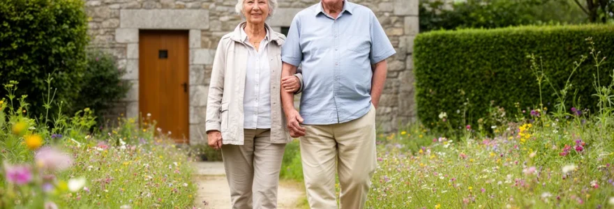 Couple de seniors marchant bras dessus bras dessous dans un jardin fleuri avec maison bretonne en arrière-plan