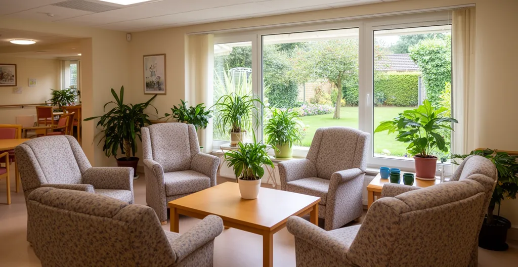 Salon commun de résidence senior avec fauteuils confortables et grande baie vitrée