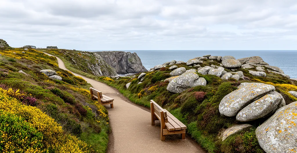 Vue panoramique sur le littoral breton avec sentier aménagé et bancs